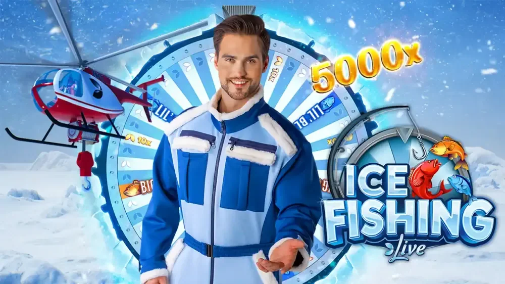 Original Ice Fishing promotional artwork with the host and wheel