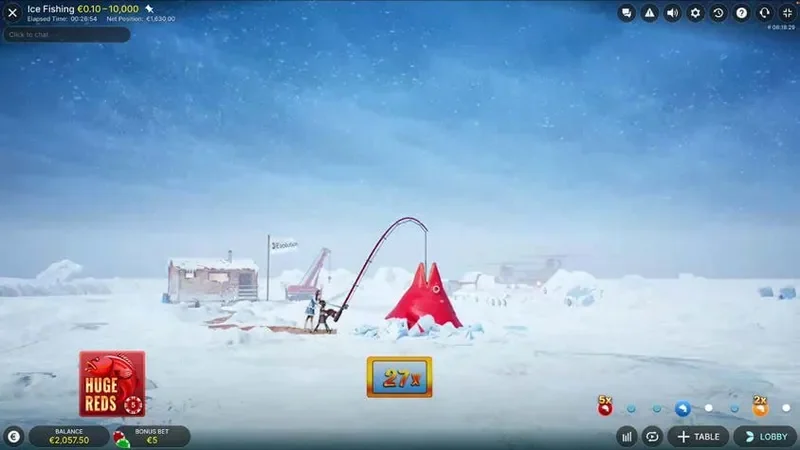 Ice Fishing bonus scene with the fishing platform and catch